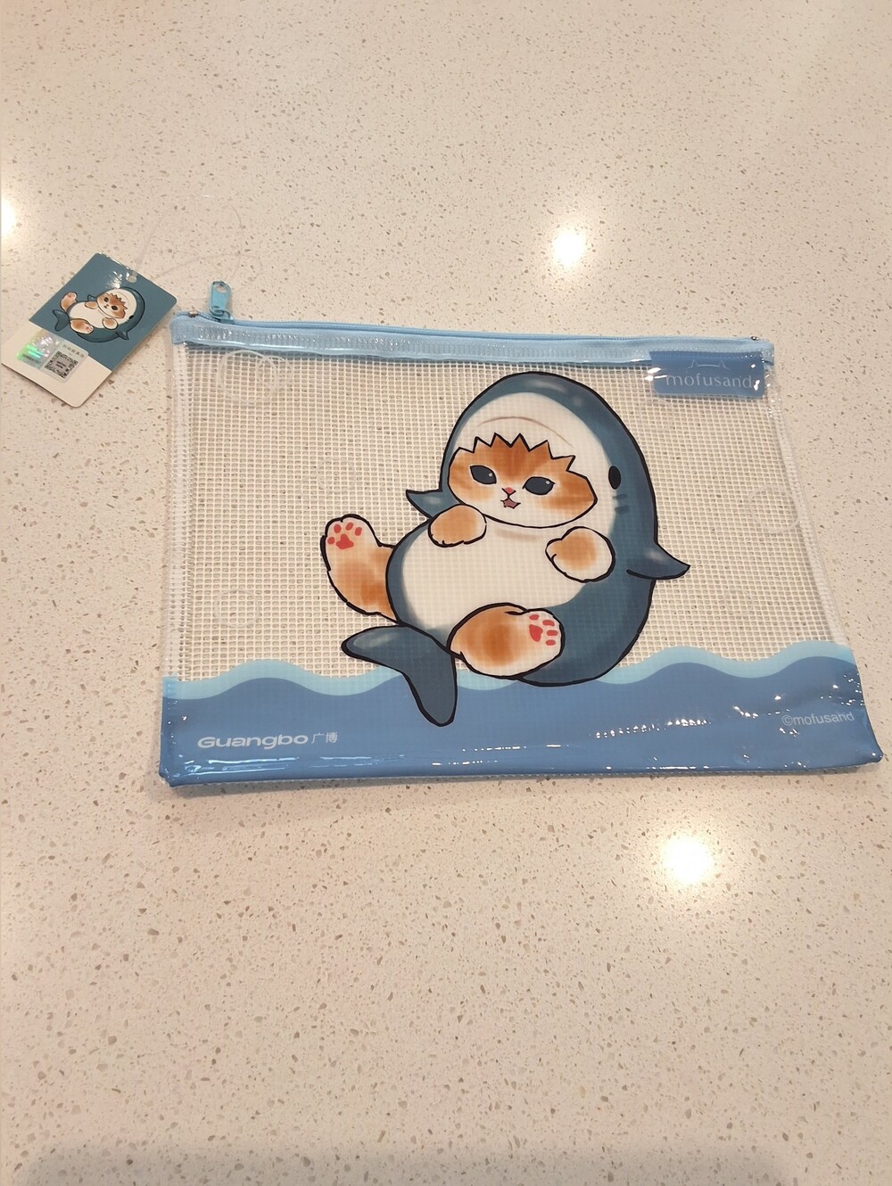 Mofusand Shark Cat Mesh Zipper Pouch Organizer, Cute & Functional Bag, Blue, NWT